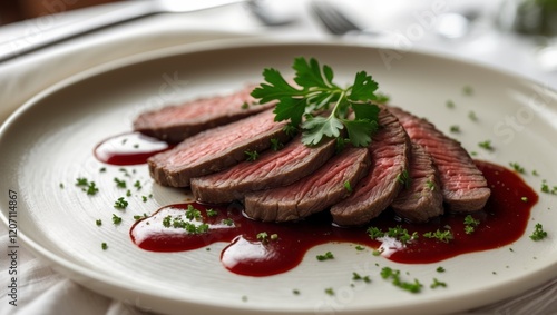 A plate of Beef fillet and red wine sauce. photo