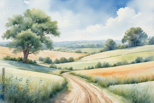 Watercolor painting of a scenic country road winding through rolling hills and fields under a bright summer sky. photo