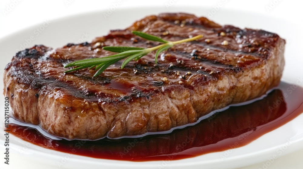 A close-up of a perfectly cooked steak with a rich red wine reduction sauce, placed on a white plate with a minimalist white background. A close-up of a perfectly cooked steak with a rich red wine reduction sauce, placed on a white plate with a minimalist white background.