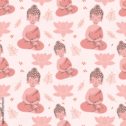 Cute little Buddha in lotus pose seamless pattern