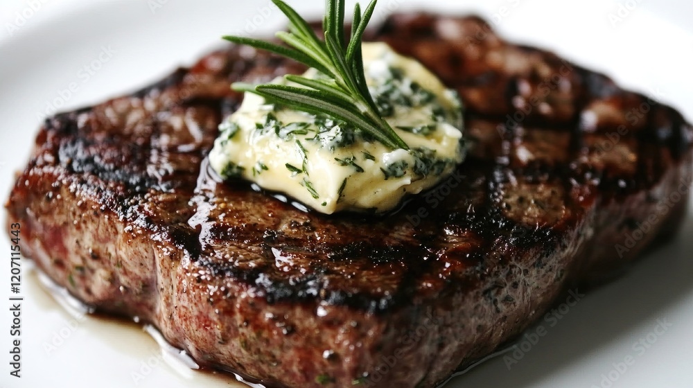 A close-up of a succulent steak topped with a dollop of herb butter, garnished with a sprig of rosemary, and placed on a plain white plate. A close-up of a succulent steak topped with a dollop of herb butter, garnished with a sprig of rosemary, and placed on a plain white plate.