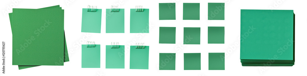 Fototapeta premium Green corporate stationery mockup with blank documents notebooks cards and various office supplies arranged on a minimal white background Flat lay