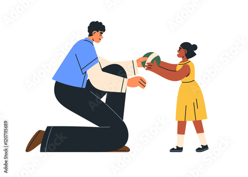 Man giving ball to girl kid. Father and adopted daughter relationship. Dad kneeling, handing toy to child. Adoption concept, happy bonding family. Flat vector illustration isolated on white background