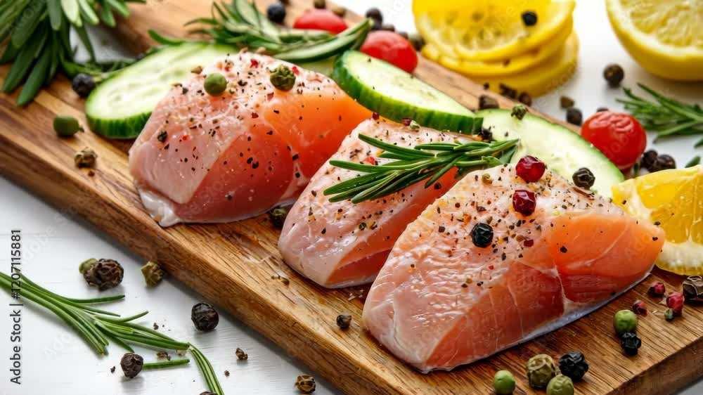 Three pieces of meat with lemon slices and parsley on a wooden cutting board. The meat is cut into small pieces Three pieces of meat with lemon slices and parsley on a wooden cutting board. The meat is cut into small pieces