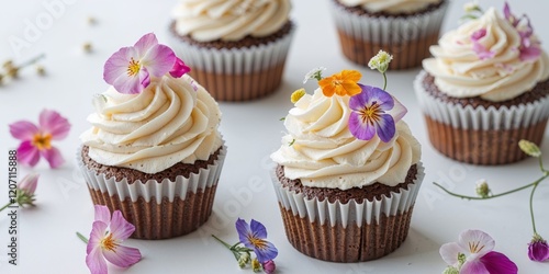 Cupcakes with creamy frosting and edible flowers create a delightful presentation for a special occasion or celebration. photo