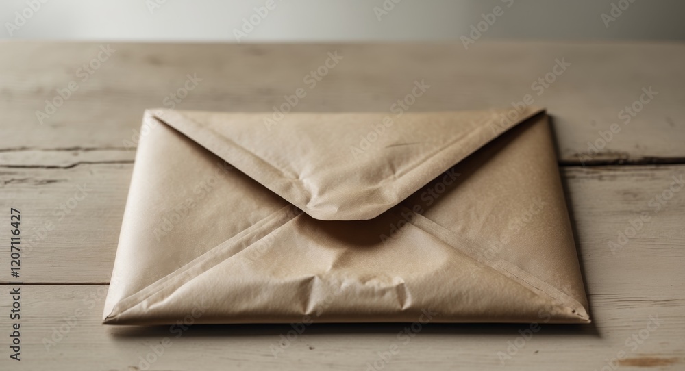 Back of a closed brown recycled envelope resting on a wooden table. Back of a closed brown recycled envelope resting on a wooden table.