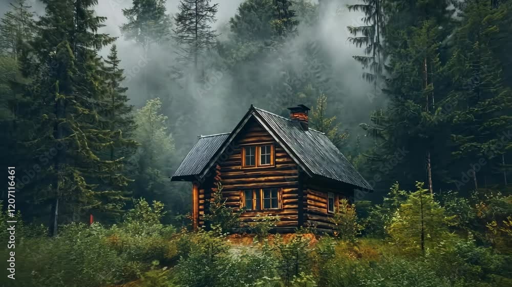 Small log cabin is surrounded by trees. The cabin is in the middle of a forest. The trees are tall and green Small log cabin is surrounded by trees. The cabin is in the middle of a forest. The trees are tall and green