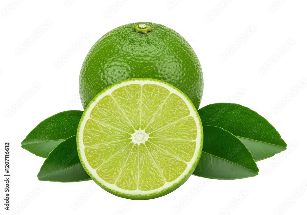 A whole vibrant green lime next to a halved lime, showing its juicy interior, accompanied by fresh green leaves, isolated on a white background A whole vibrant green lime next to a halved lime, showing its juicy interior, accompanied by fresh green leaves, isolated on a white background