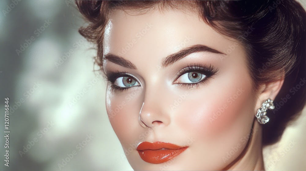 Fototapeta premium A close-up of a woman with elegant, classic makeup and a sophisticated hairstyle, showcasing her graceful features and timeless beauty.