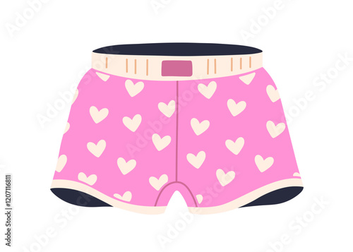 Boxer shorts, trunks with funny heart pattern. Playful underwear for men. Panties underclothing. Briefs, male pants with fun valentine print. Flat vector illustration isolated on white background