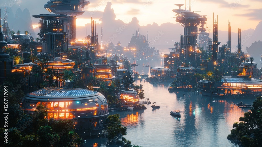 Fototapeta premium Futuristic urban landscape sci-fi city digital art dusk setting aerial view futuristic visions