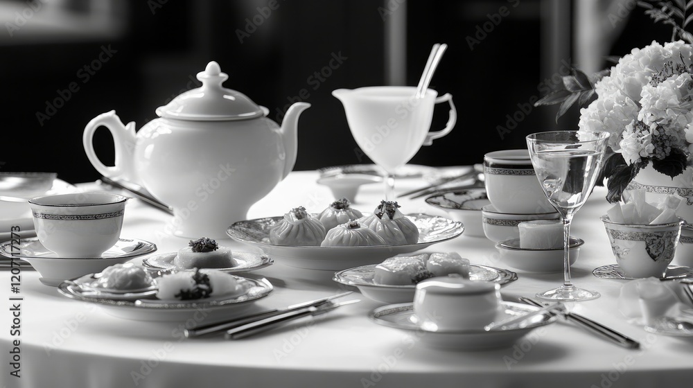 A sophisticated table arrangement that highlights culinary tradition by presenting a range of real Chinese dim sum meals served with tea and sauces A sophisticated table arrangement that highlights culinary tradition by presenting a range of real Chinese dim sum meals served with tea and sauces