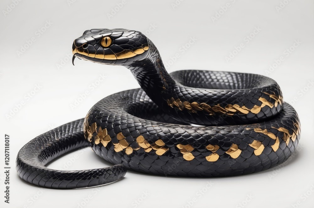 Naklejka premium Black snake with gold accents coiled on white background.