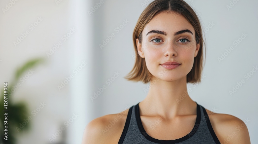 Confident young woman in athletic wear showcasing natural beauty and wellness in bright indoor setting Confident young woman in athletic wear showcasing natural beauty and wellness in bright indoor setting