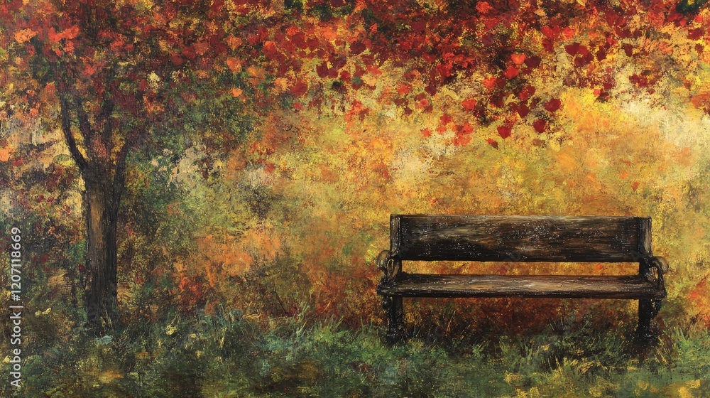 weathered park bench sits under a canopy of autumn leaves, creating the perfect spot for quiet contemplation weathered park bench sits under a canopy of autumn leaves, creating the perfect spot for quiet contemplation