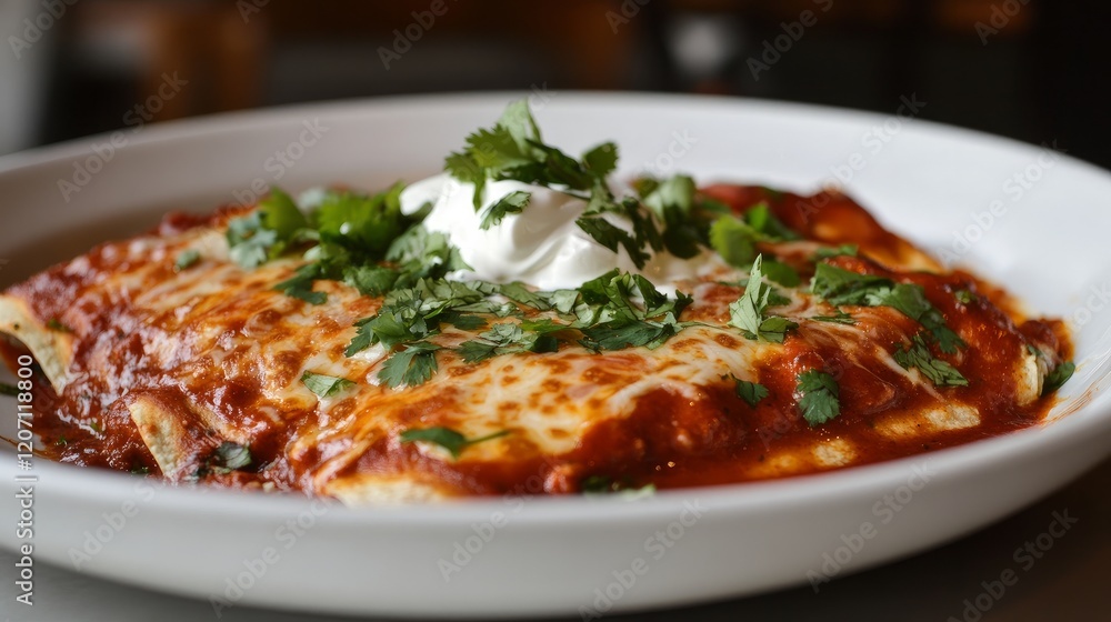 Savory Enchiladas with Fresh Cilantro, Cheese, and Sour Cream on Top Savory Enchiladas with Fresh Cilantro, Cheese, and Sour Cream on Top