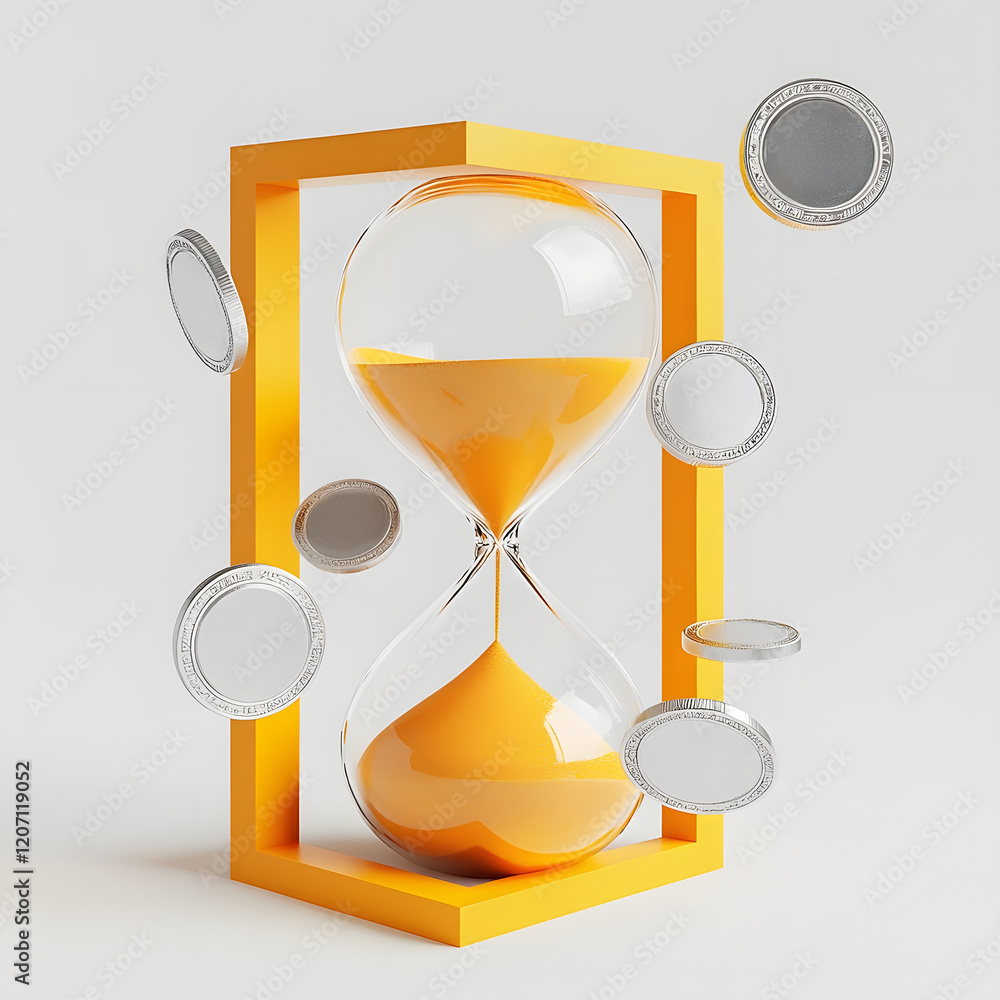 Fototapeta premium Floating Hourglass with Coins in Yellow Frame on White Background