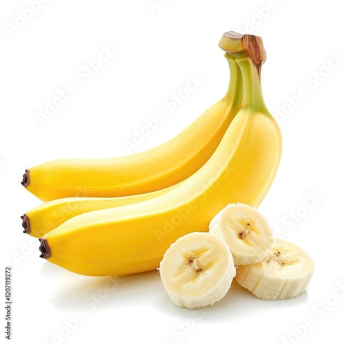 Fresh bananas with slices on a white background.