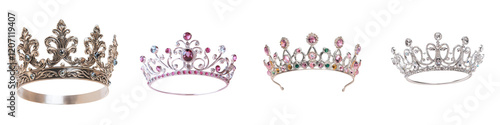 Exquisite Regal Crowns and Tiaras of Elegance Luxury and Ceremonial Splendor  A collection of ornate bejeweled and lavishly decorated headpieces symbolizing royalty nobility and high society photo