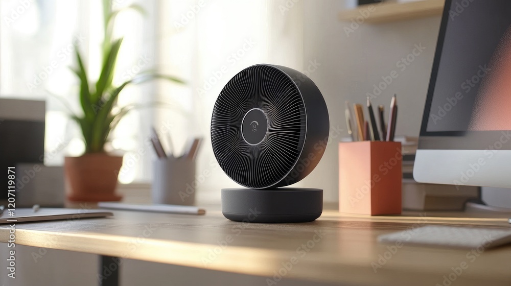 Obraz premium A compact, portable fan on a desk, with a focus on its quiet operation and sleek design, surrounded by office essentials.