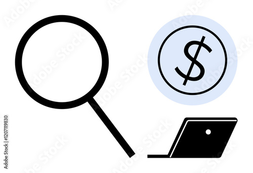 Magnifying glass, dollar sign in circle, and open laptop. Ideal for financial analysis, online market research, investment scrutiny, digital business, profitability economy virtual audits. Modern