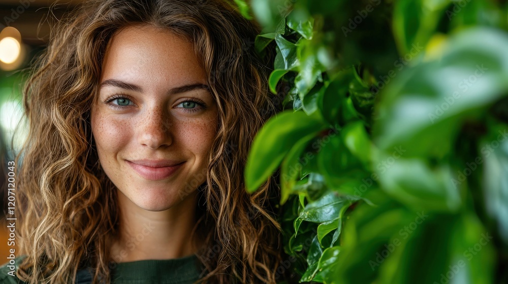 Young Woman with Curly Hair Smiling Next to Green Leaves in a Natural Environment Young Woman with Curly Hair Smiling Next to Green Leaves in a Natural Environment