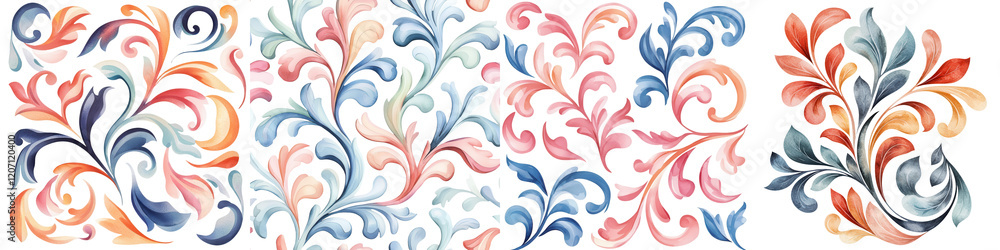 Elegant Floral Swirls and Leaf Motifs in Vibrant Watercolor Pattern Background Elegant Floral Swirls and Leaf Motifs in Vibrant Watercolor Pattern Background