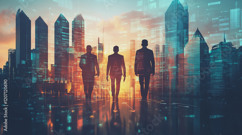 abstract professional business team people connection of line from nail node to node on Smart digital cityscap and skyline background   Innovation networking concept