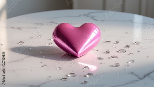 Shiny Pink Heart on Table Reflecting Light with Water Droplets photo