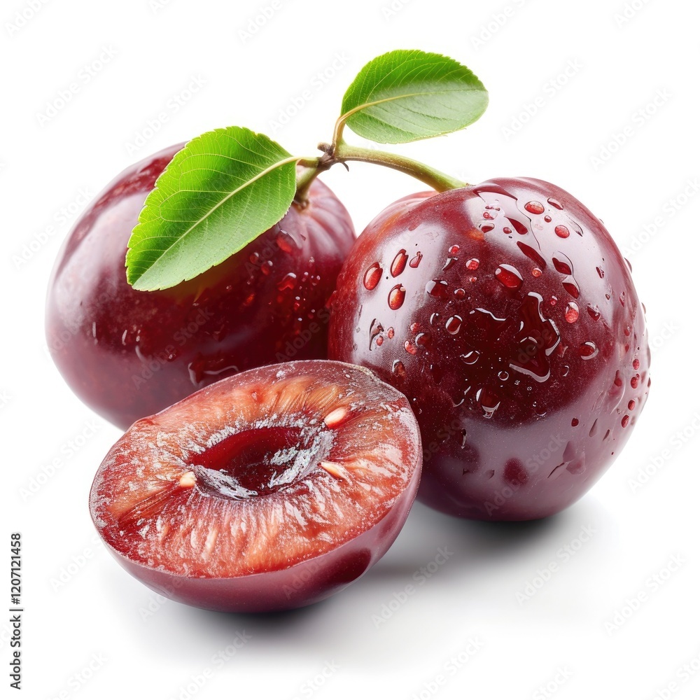 Fresh red plums with a green leaf, one sliced in half to reveal juicy interior.
