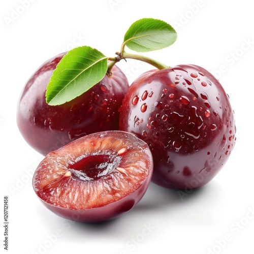 Obraz na płótnie Fresh red plums with a green leaf, one sliced in half to reveal juicy interior. w salonie