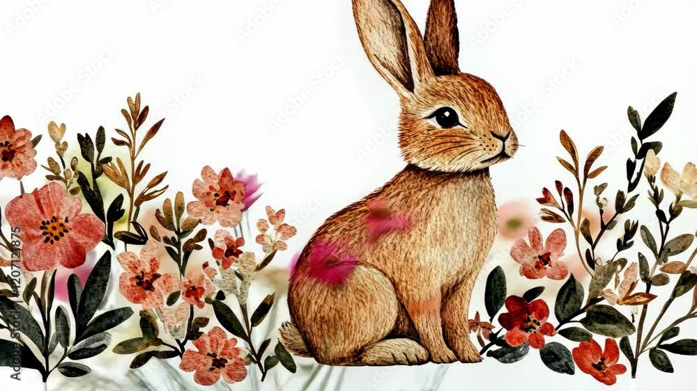 Rabbit is sitting in a field of flowers. The rabbit is brown and has a white face