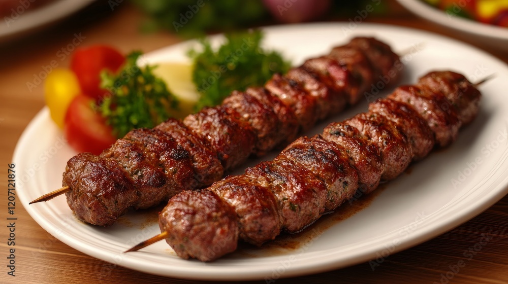Meat and Vegetable Kebabs on a White Plate for Serving Meat and Vegetable Kebabs on a White Plate for Serving