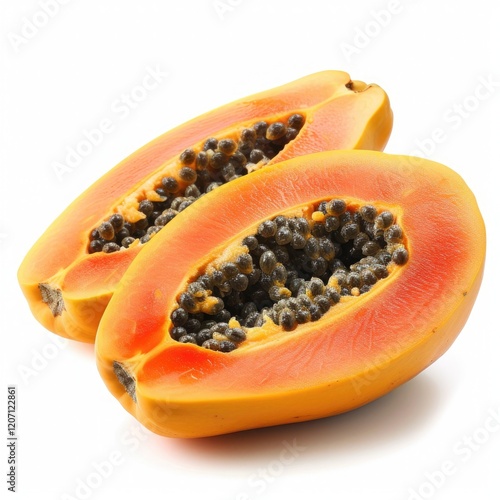 Papaya halves showcasing vibrant orange flesh and black seeds. photo