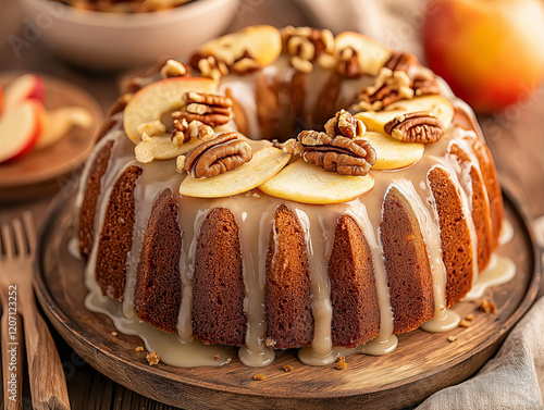 Bundt apple cake drizzled with a thick glaze, garnished with chopped walnuts and fresh apple slices. Soft golden light with rustic props like a linen napkin and wooden utensils