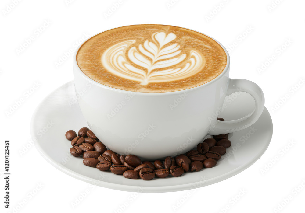 A white ceramic cup of cappuccino with intricate latte art on top, placed on a matching saucer with coffee beans scattered beside it, isolated on a white background A white ceramic cup of cappuccino with intricate latte art on top, placed on a matching saucer with coffee beans scattered beside it, isolated on a white background