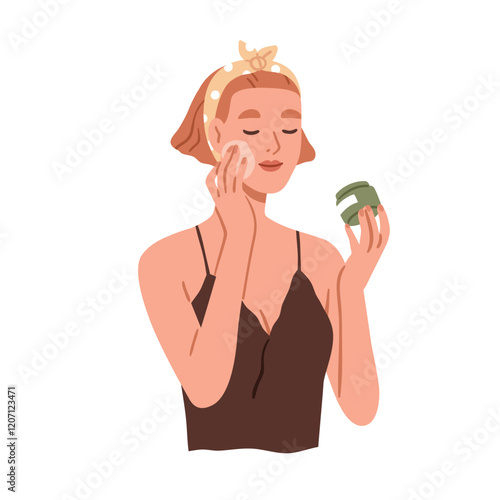 Woman applying skincare cream, moisturizing face skin. Female during beauty r...