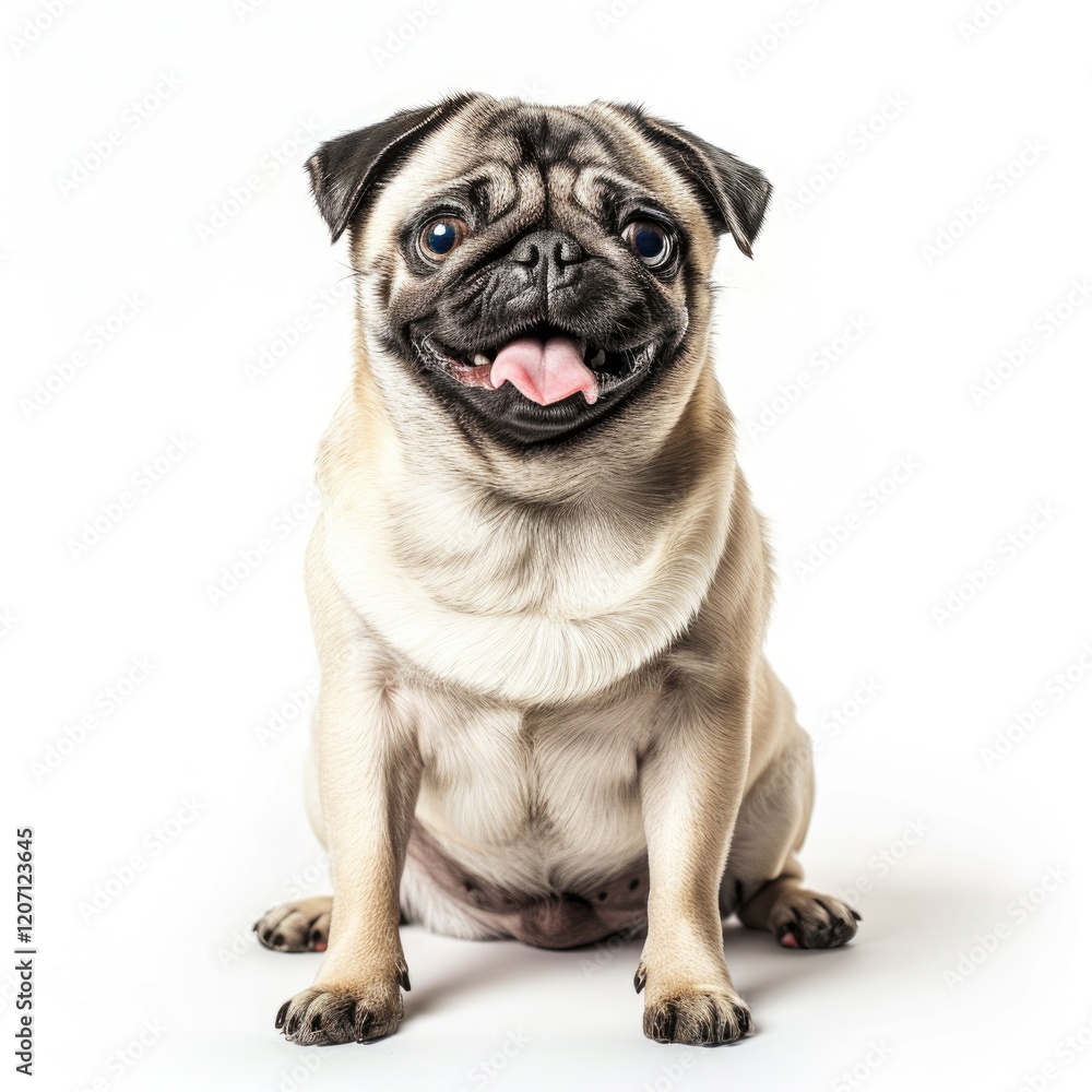 Smiling pug dog sitting against a white background, showcasing its playful personality. Smiling pug dog sitting against a white background, showcasing its playful personality.