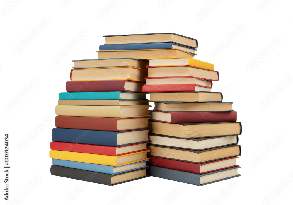 A colorful stack of hardcover books arranged in a slightly slanted pile, isolated on a white background A colorful stack of hardcover books arranged in a slightly slanted pile, isolated on a white background