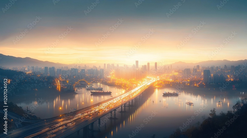 Aerial view of a coastal transport network featuring cityscape at dusk urban environment photographic content serene landscape wide perspective for seo impact Aerial view of a coastal transport network featuring cityscape at dusk urban environment photographic content serene landscape wide perspective for seo impact
