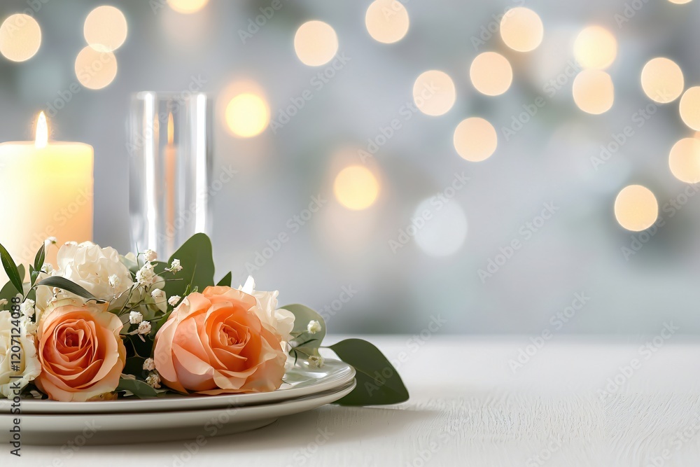 Obraz premium Elegant floral centerpiece with soft light and bokeh background for romantic occasion