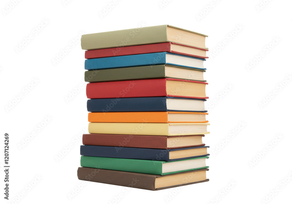 A colorful stack of hardcover books arranged in a slightly slanted pile, isolated on a white background A colorful stack of hardcover books arranged in a slightly slanted pile, isolated on a white background