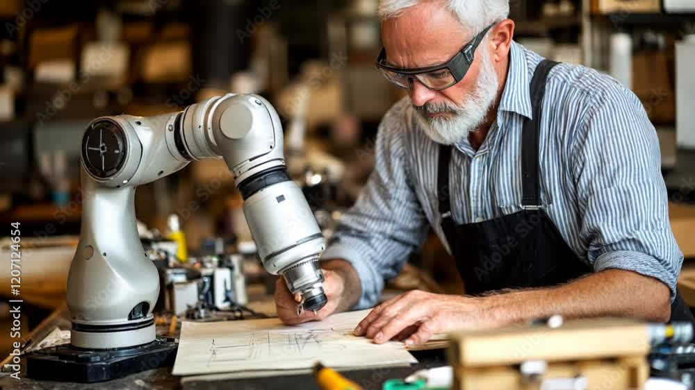 Craftsman collaborating with a robotic arm in a workshop. The evolution of craftsmanship with robotics and innovative design technology. Craftsman collaborating with a robotic arm in a workshop. The evolution of craftsmanship with robotics and innovative design technology.