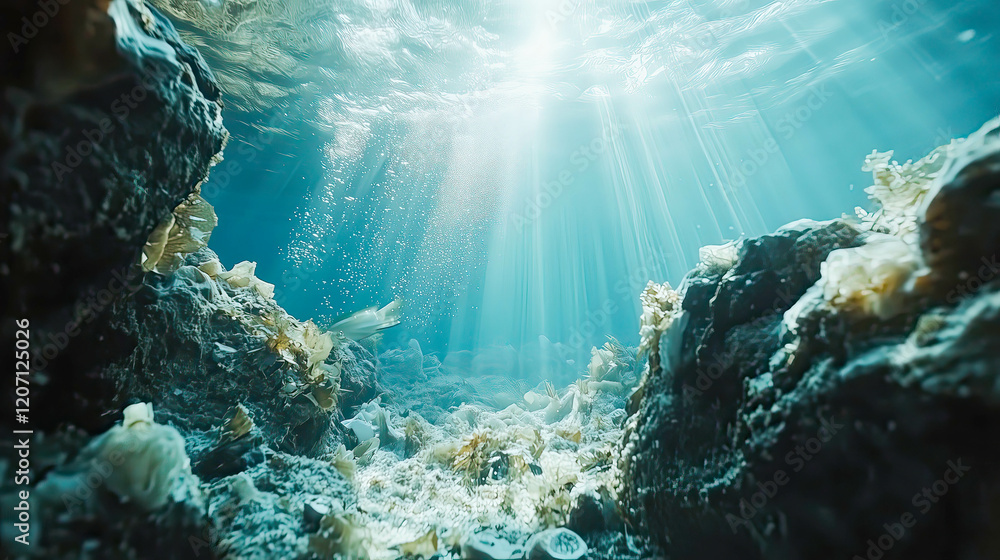 Sunbeams illuminating seabed with rocks and seaweed in clear blue water Sunbeams illuminating seabed with rocks and seaweed in clear blue water