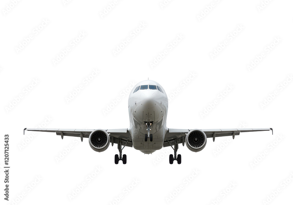 A modern commercial airplane with sleek design, isolated on a white background A modern commercial airplane with sleek design, isolated on a white background