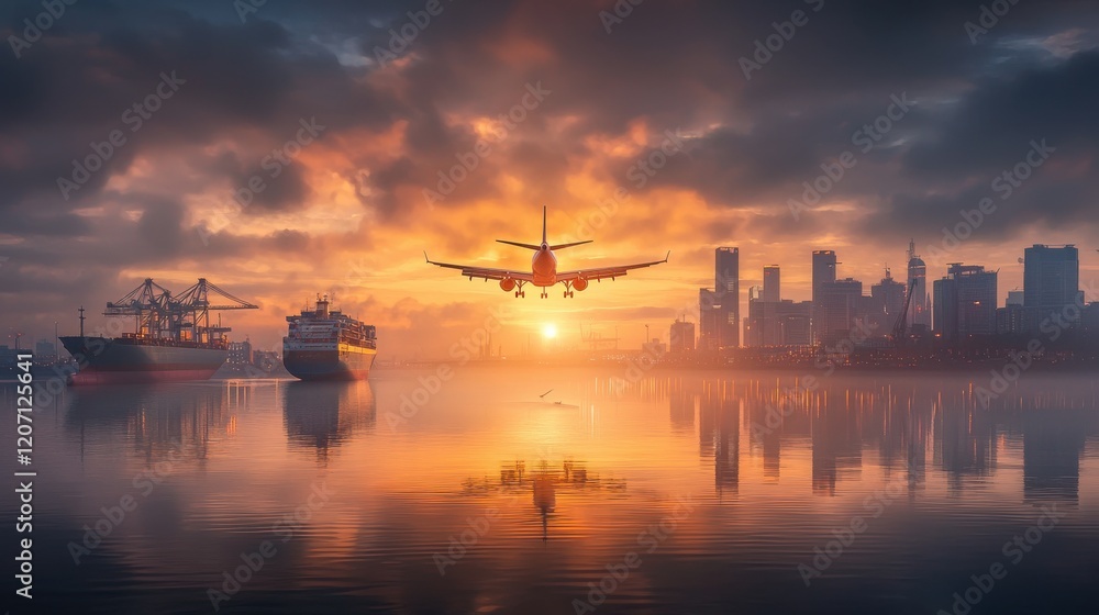 Naklejka premium Airplane landing at sunrise over a modern logistics hub with ships reflecting in water urban environment aerial view industrial concept