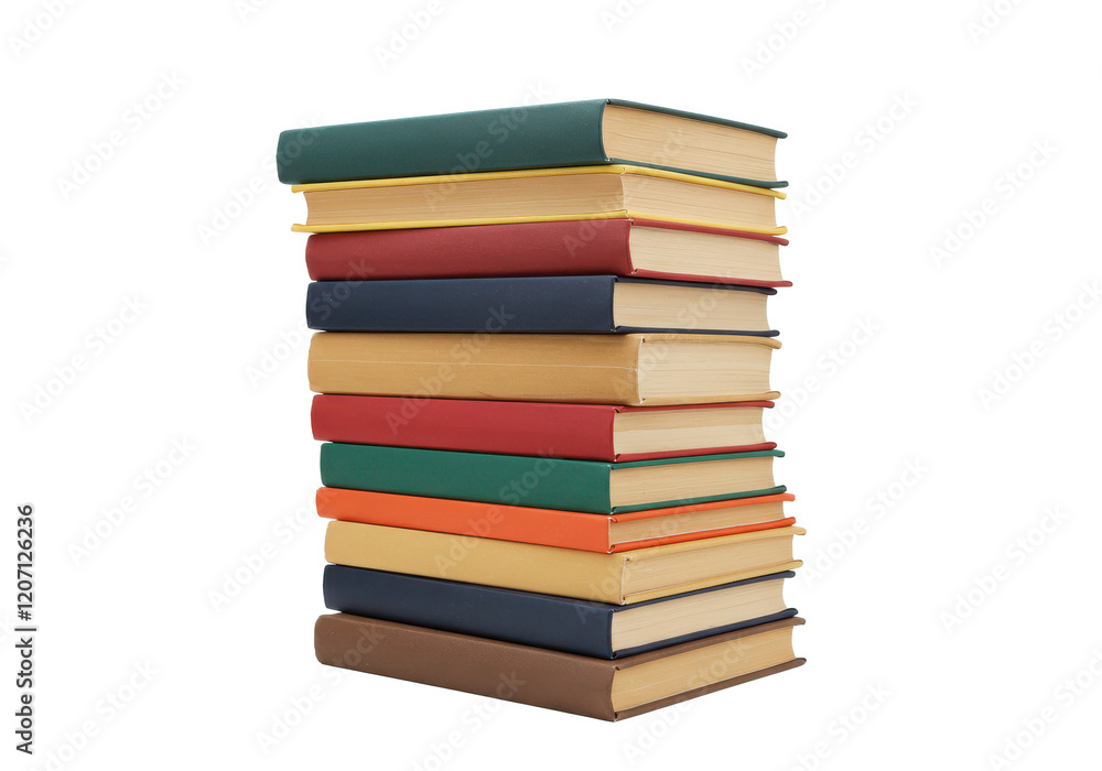 A colorful stack of hardcover books arranged in a slightly slanted pile, isolated on a white background A colorful stack of hardcover books arranged in a slightly slanted pile, isolated on a white background
