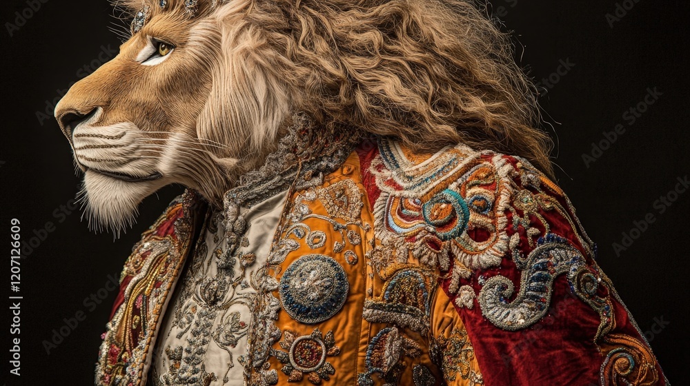 captivating lion costume with detailed embroidery, bold color combinations, and a symbolic captivating lion costume with detailed embroidery, bold color combinations, and a symbolic