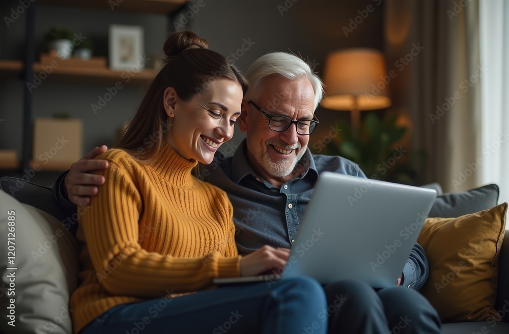 One couple sharing a cozy moment with a laptop in well-lit room - intimate togetherness in a peaceful home setting. One couple sharing a cozy moment with a laptop in well-lit room - intimate togetherness in a peaceful home setting.