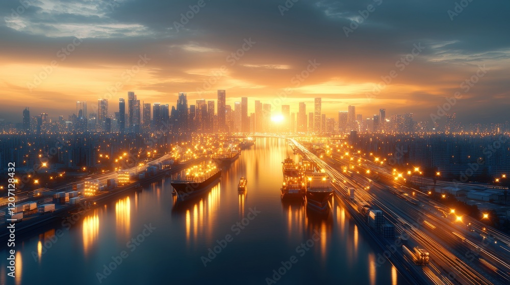 Fototapeta premium Sunrise over cityscape with illuminated ships in golden light urban waterfront aerial photography industrial landscape serene atmosphere maritime vision